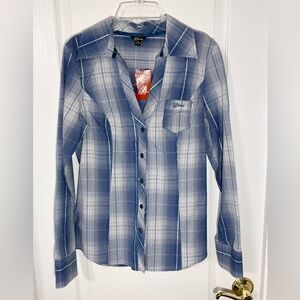 NWT Y2K Guess Plaid V-Neck Button Down Shirt Button Back Detail Teal White Med